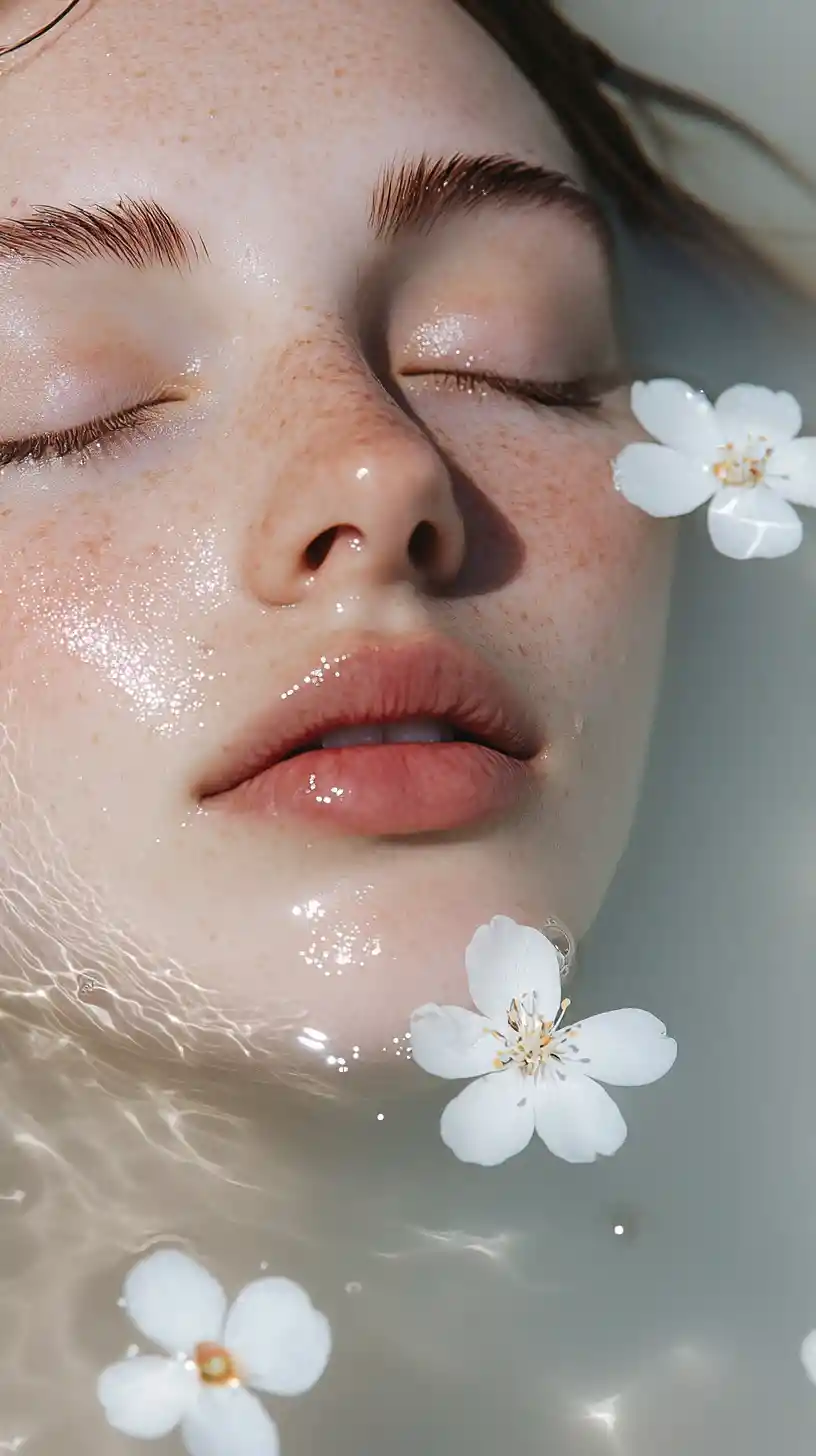 Serene female face in milky water with floating petals