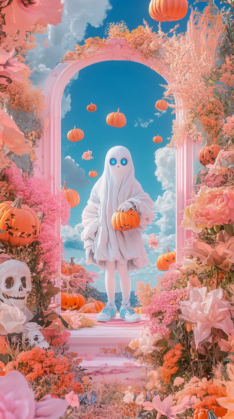 Whimsical blue eyed ghost at pink floral doorway