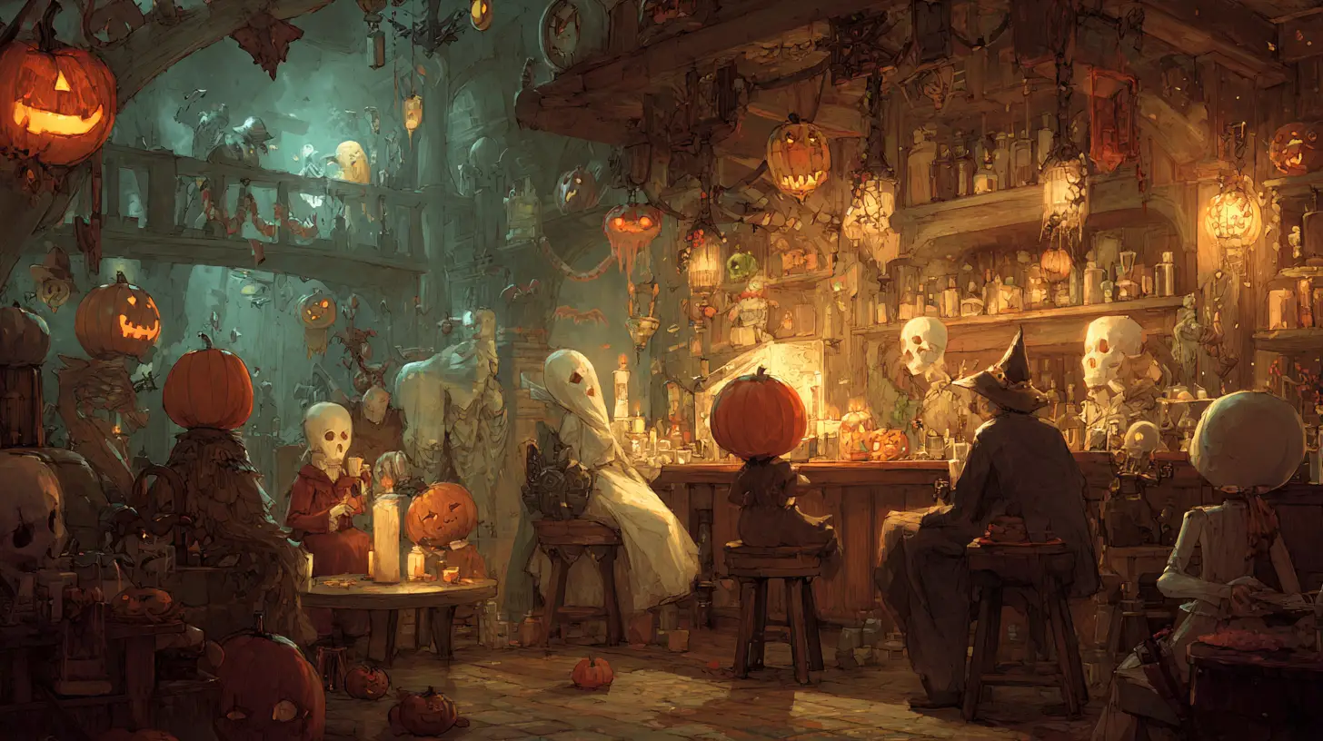Halloween pumpkin and ghost party in a spooky bar