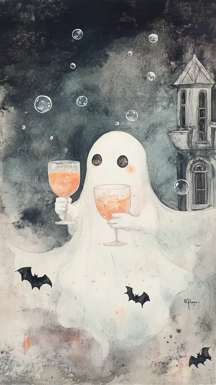 Playful watercolor ghost with bats by a haunted house