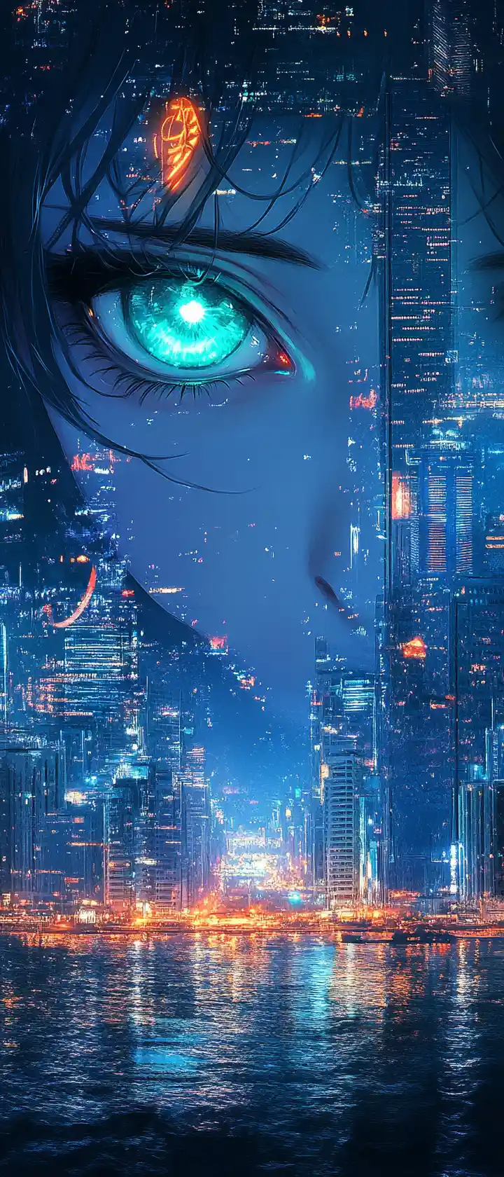 Anime girl on neon Jeddah corniche at midnight