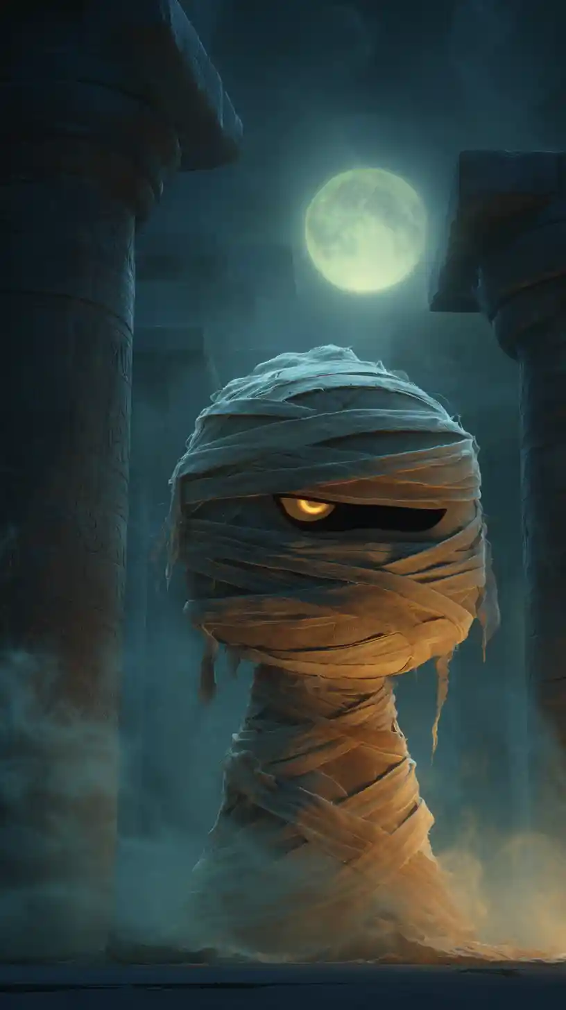 Ancient egyptian mummy awakening in a moonlit temple