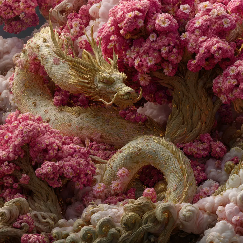 Colossal Ancient Japanese Gods In Misty Cherry Blossom Landscape