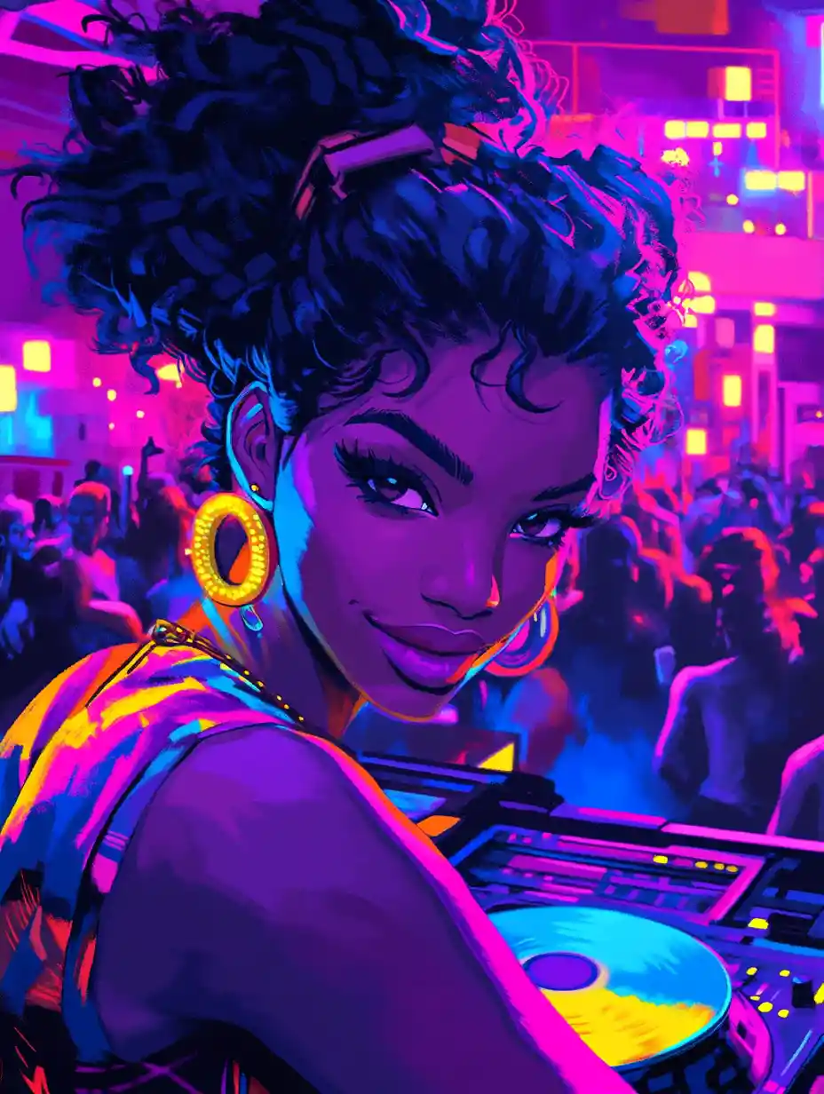 Young woman dancing in neon nightclub pixel art scene
