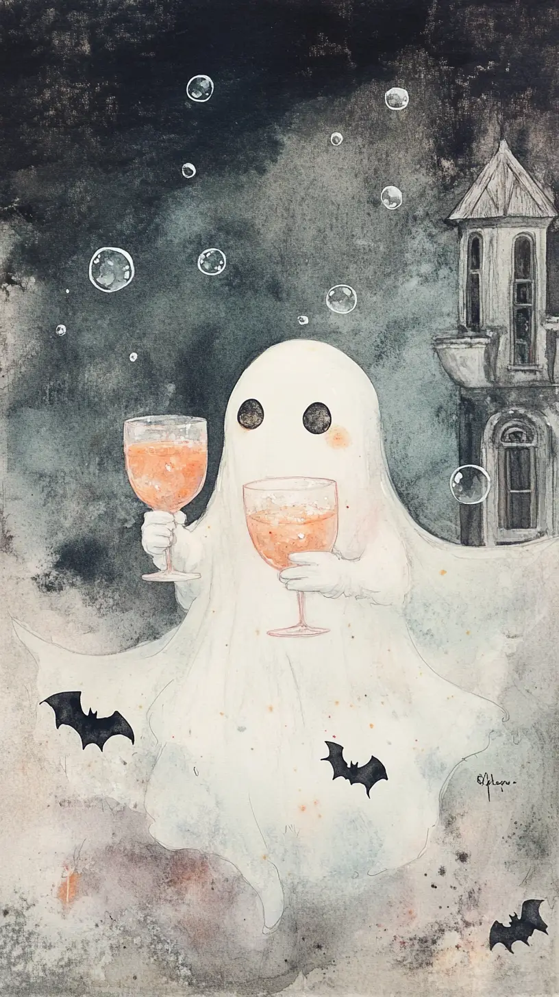Playful watercolor ghost with bats by a haunted house