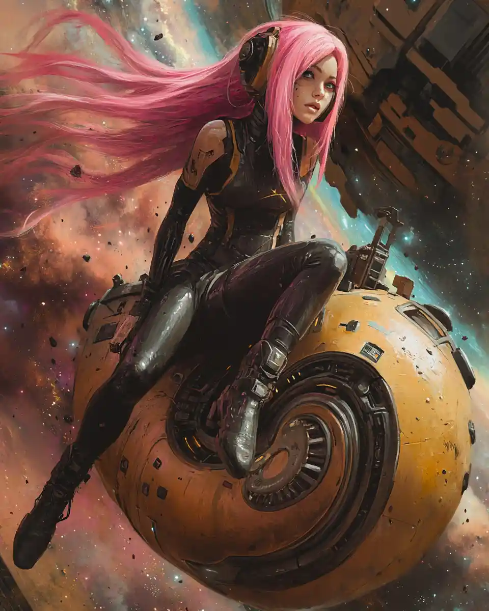 Anime sci fi woman riding a mechanical space snail