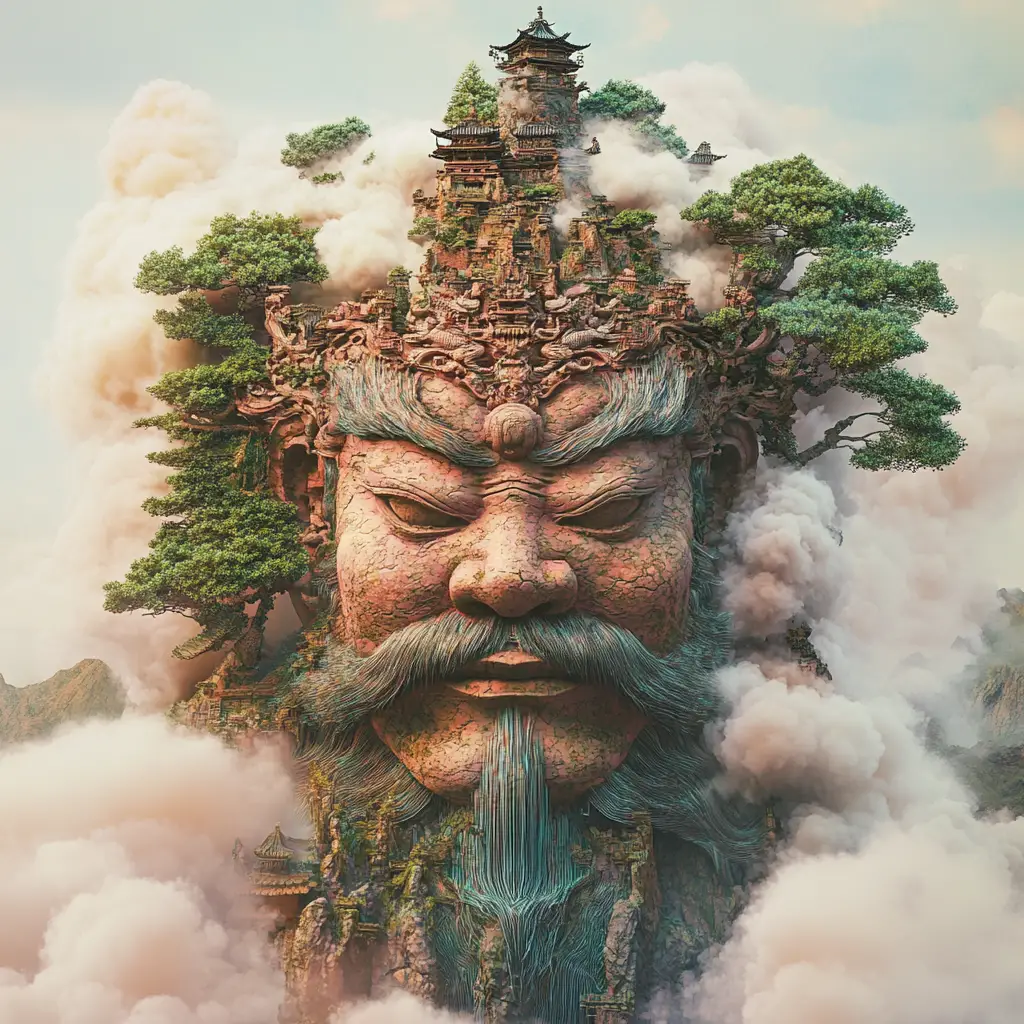 Colossal Japanese gods rising from mist over vast forests