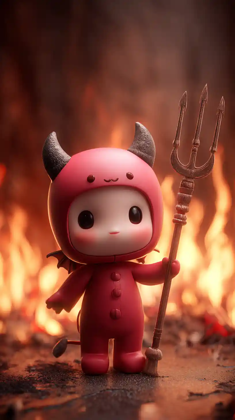 Cute chibi red devil holding a pitchfork in flames