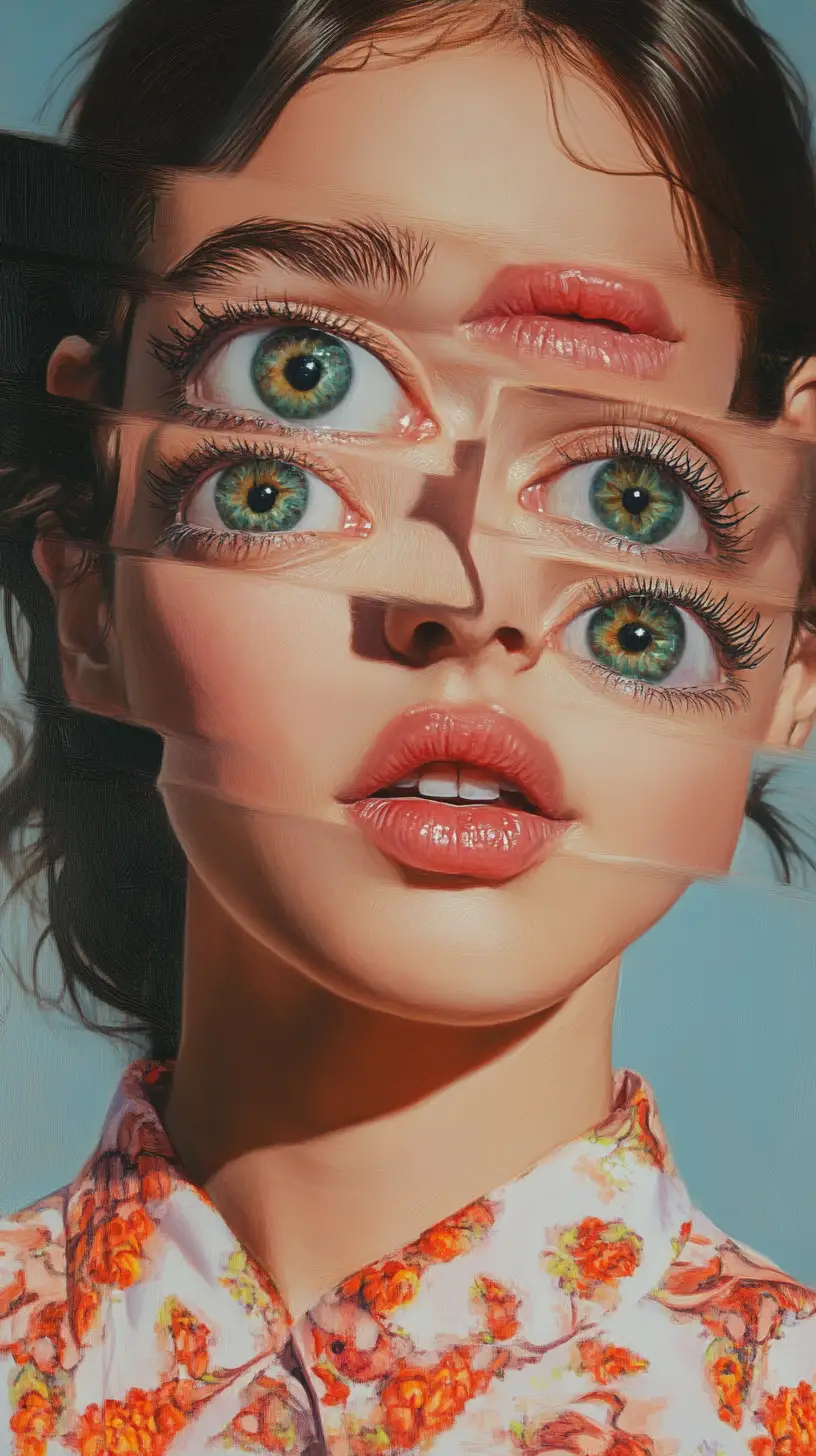 Hyperrealistic portrait of a girl with multiplied eyes