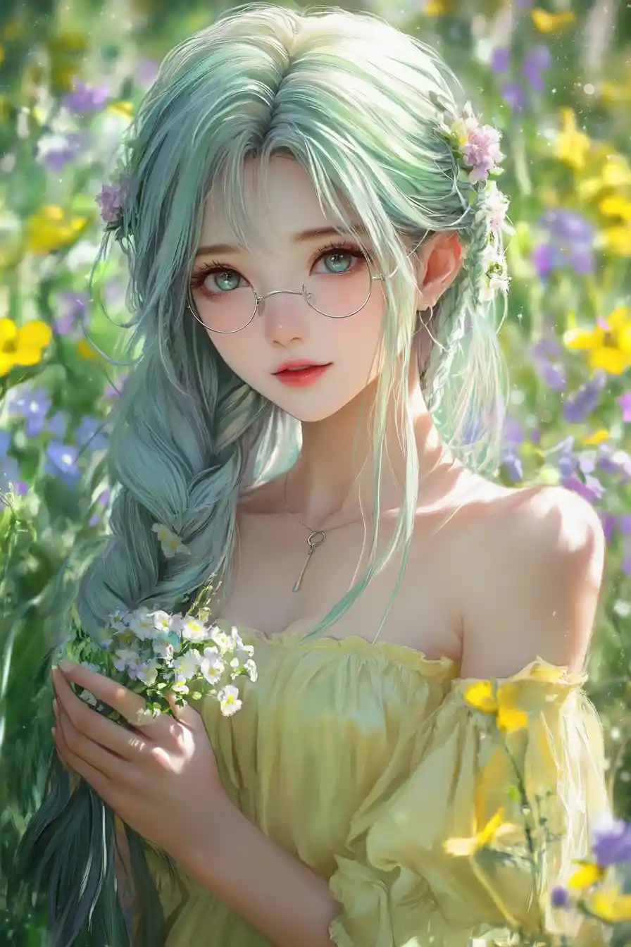 Anime girl in pastel dress holding flowers in garden