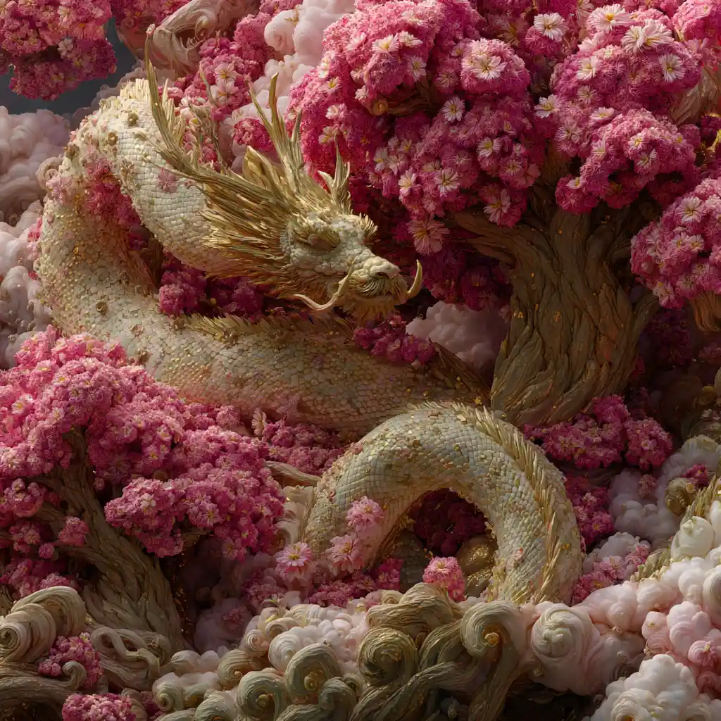 Colossali antichi dei giapponesi in un paesaggio nebbioso di ciliegi in fiore