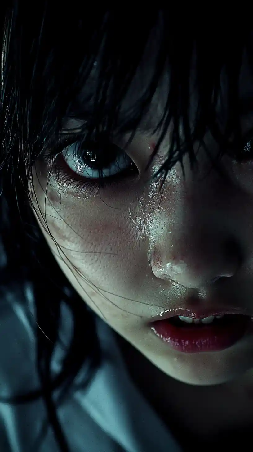 Close up of distressed anime schoolgirl face with tears