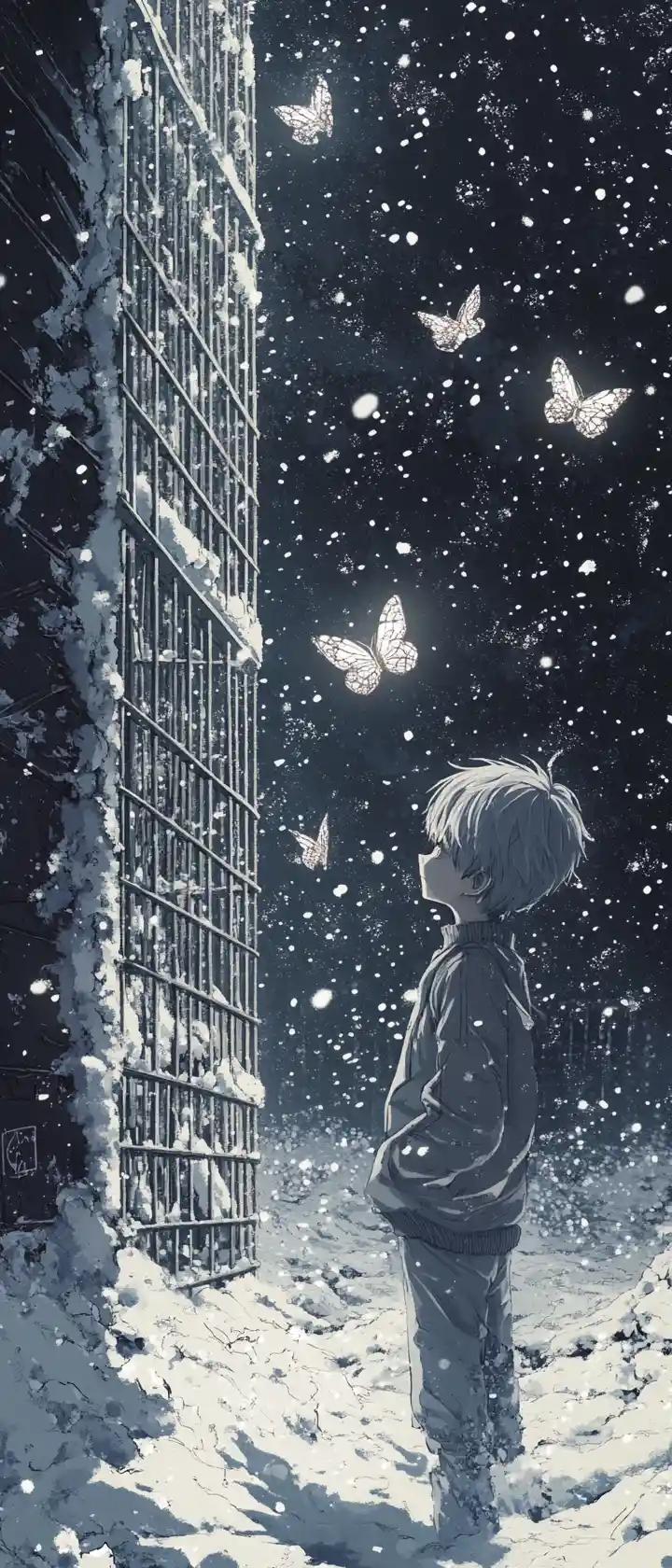 Anime girl by snowy Berlin wall with glowing butterfly