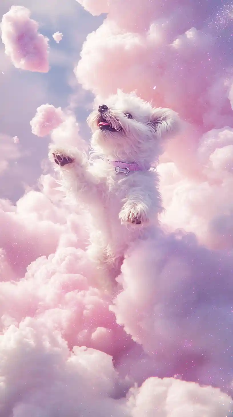 Joyful white dog jumping in a pastel fantasy sky