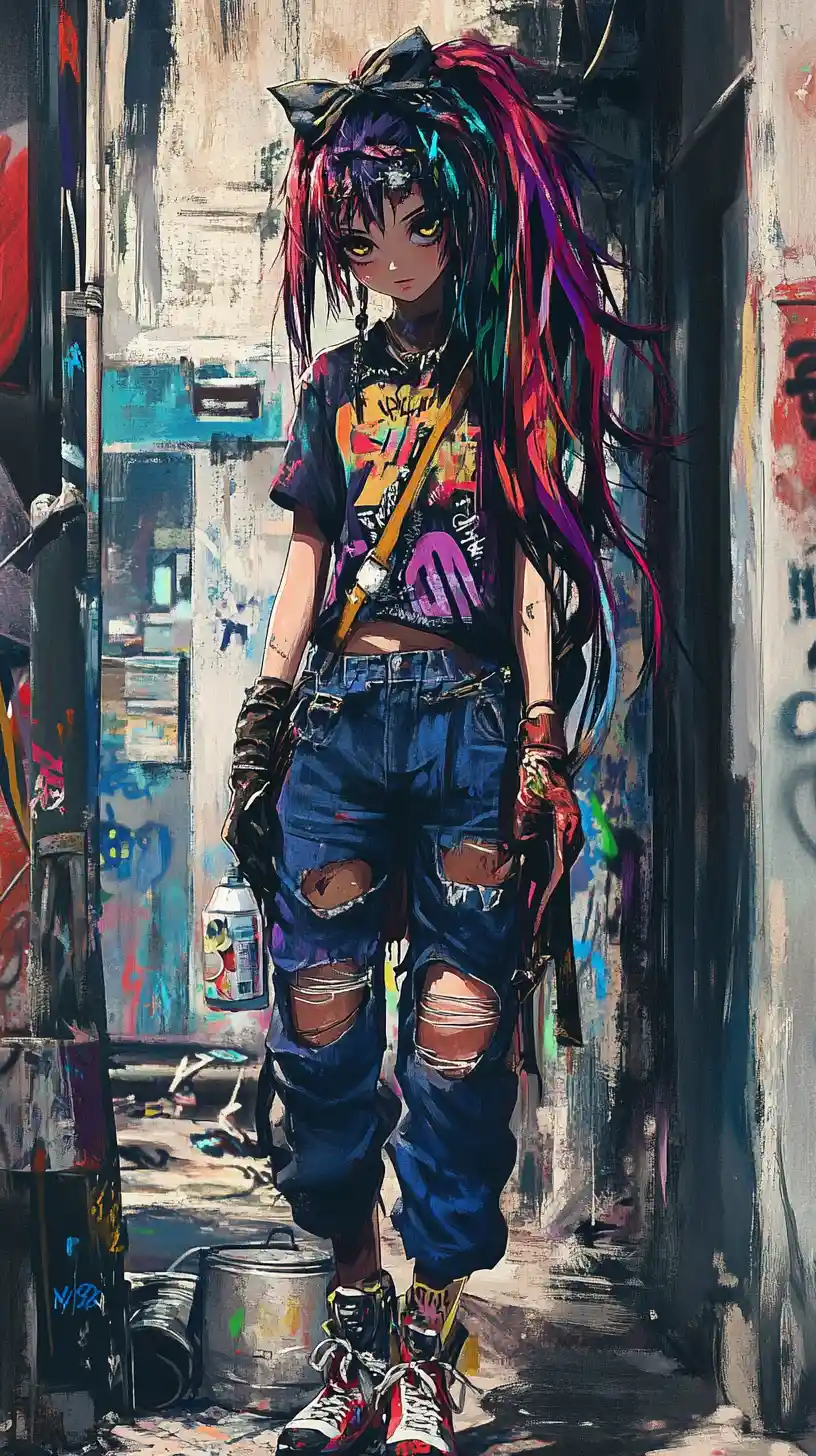 Anime girl graffiti artist on a colorful city street