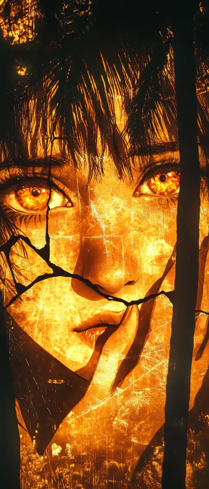Anime mural youth holding a glowing cracked mirror