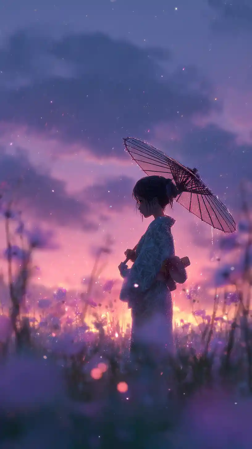 Anime girl in kimono with parasol in rainy flower field