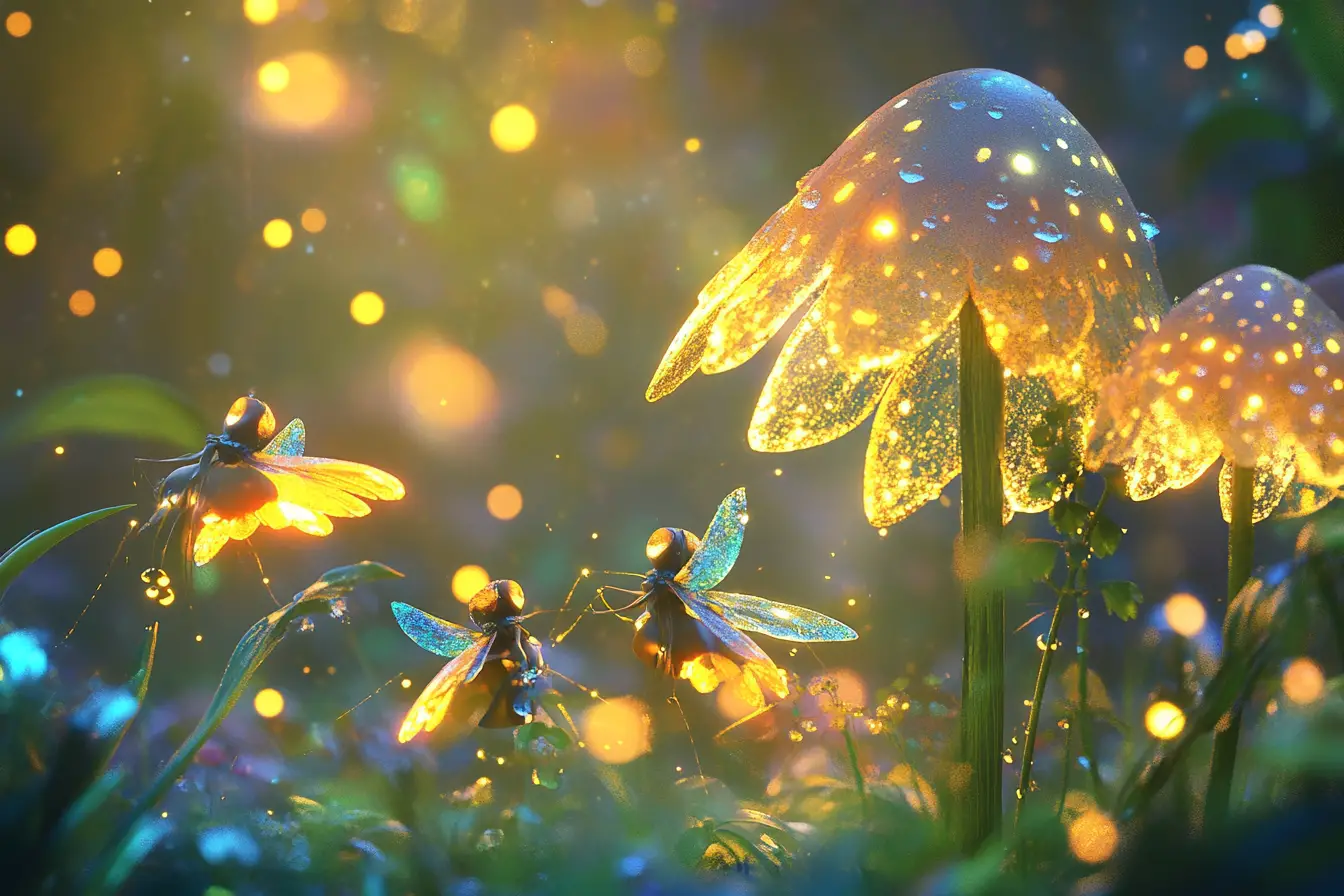 Tiny fairies playing with dewdrops in a secret garden