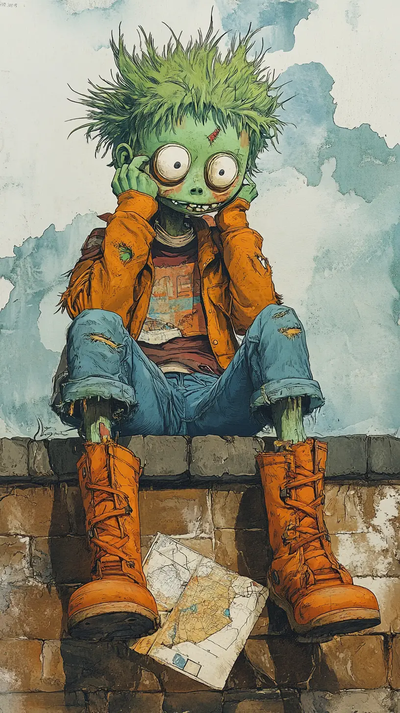 Pensive green creature on brick wall with travel map