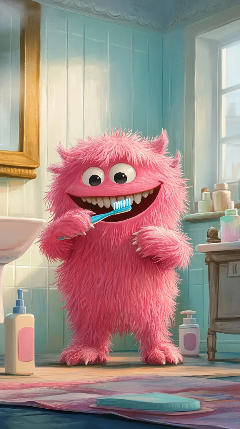 Cute pink monster brushing teeth in a colorful bathroom