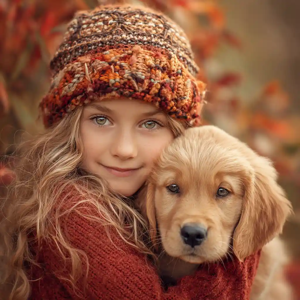 Girl cuddling golden retriever puppy in autumn scene
