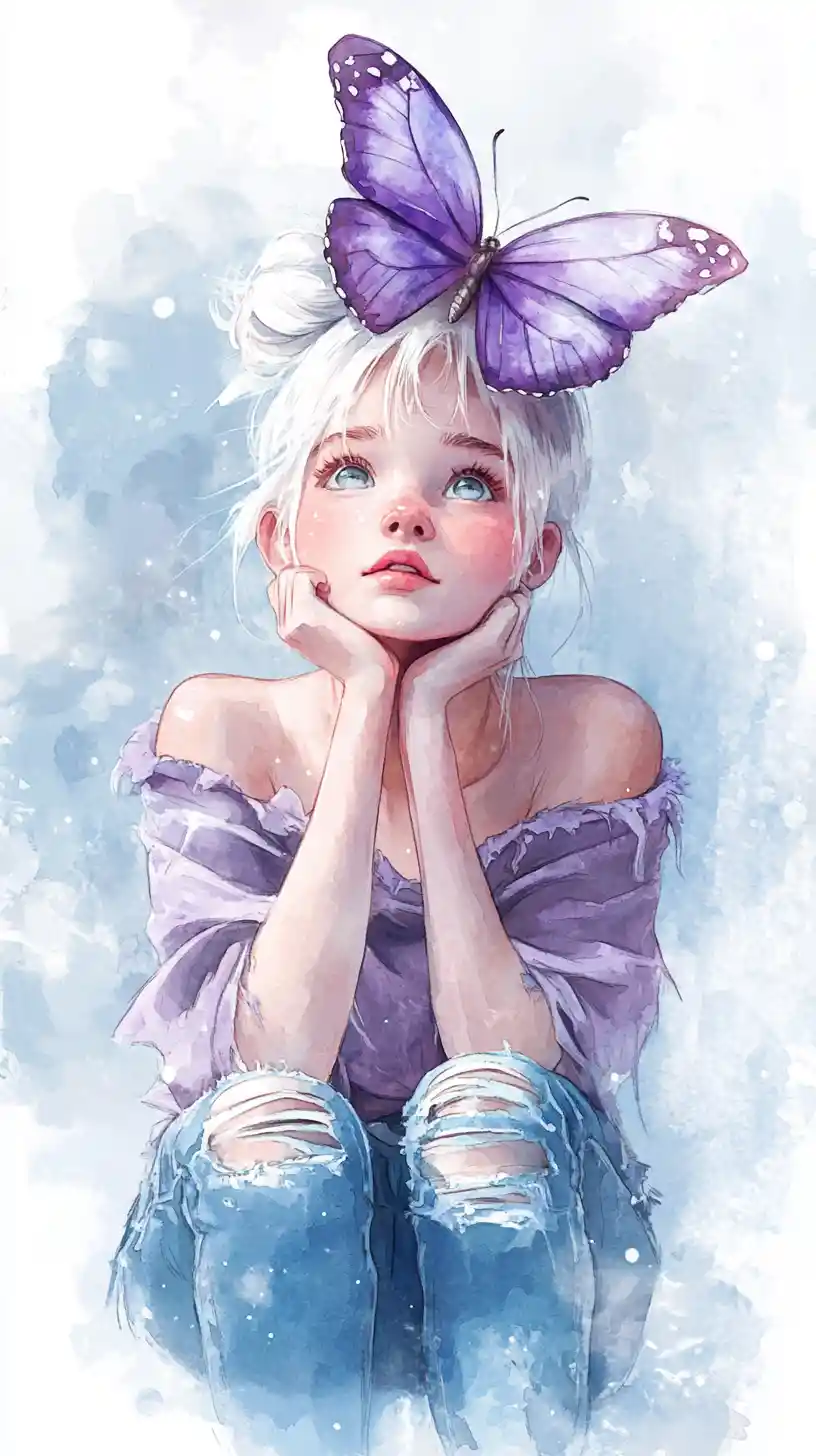 Dreamy watercolor portrait of a girl with butterfly
