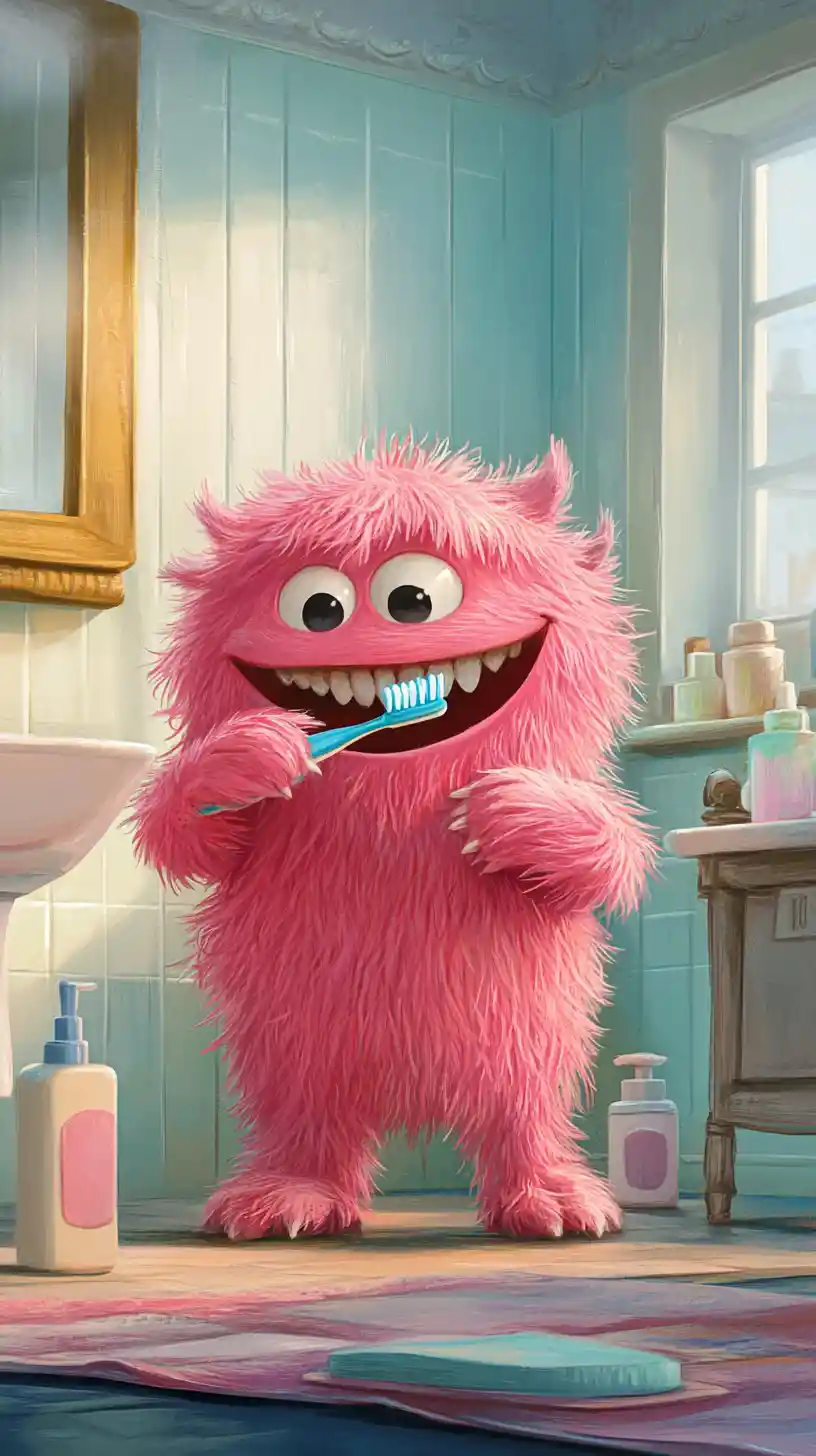 Cute pink monster brushing teeth in a colorful bathroom