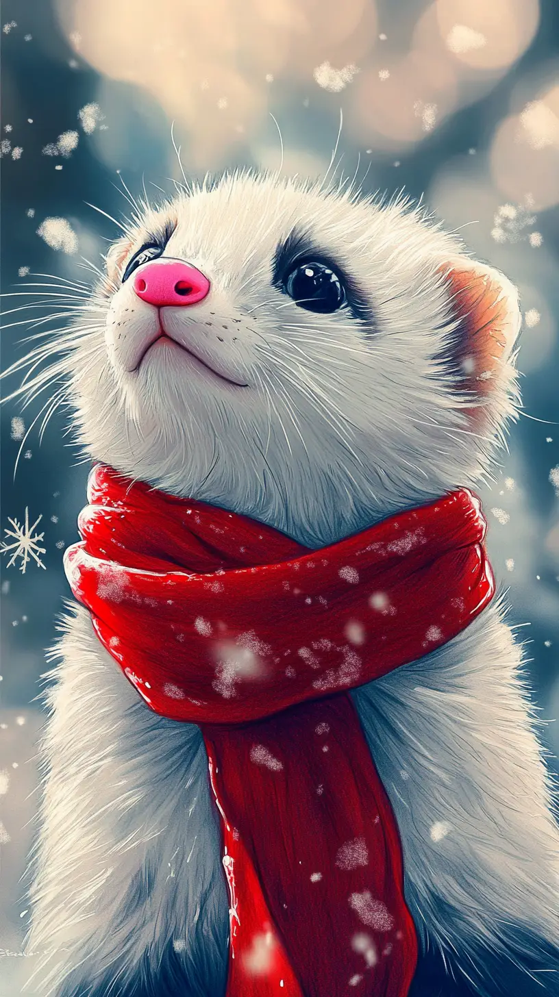White ferret in red scarf in gentle snowy illustration