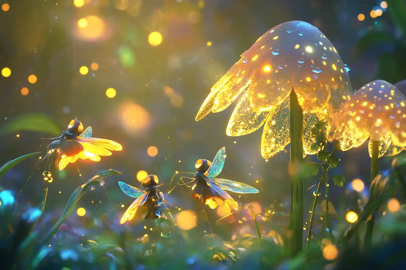 Tiny fairies playing with dewdrops in a secret garden