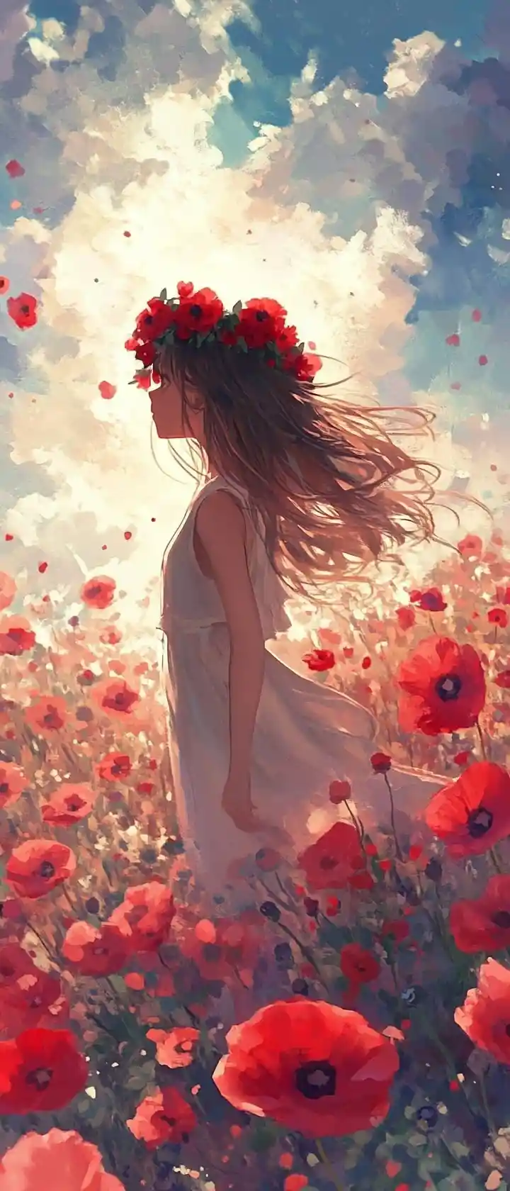 Anime girl in a poppy field with floral wreath