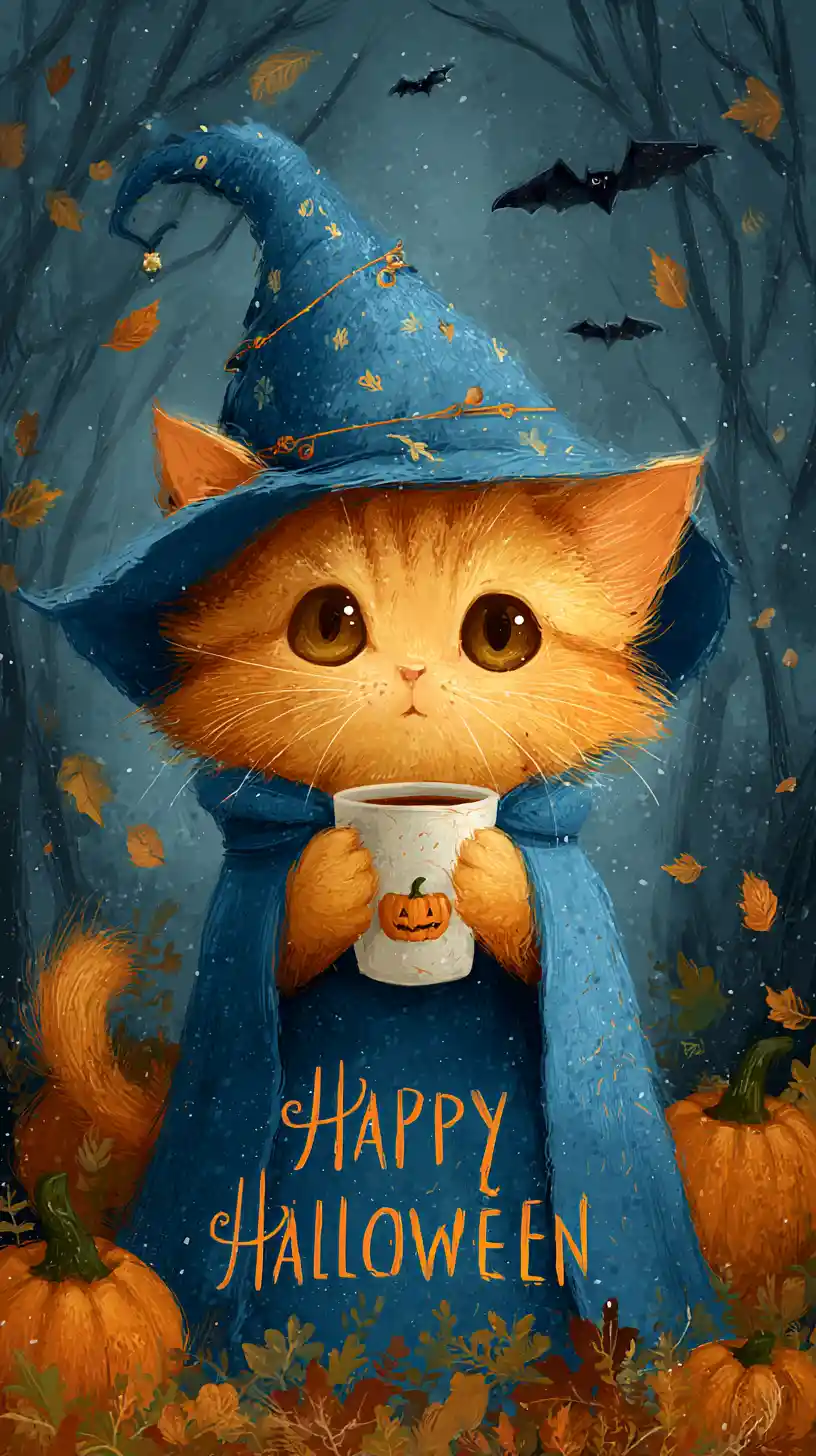 Cute wizard kitten with pumpkin mug in spooky forest