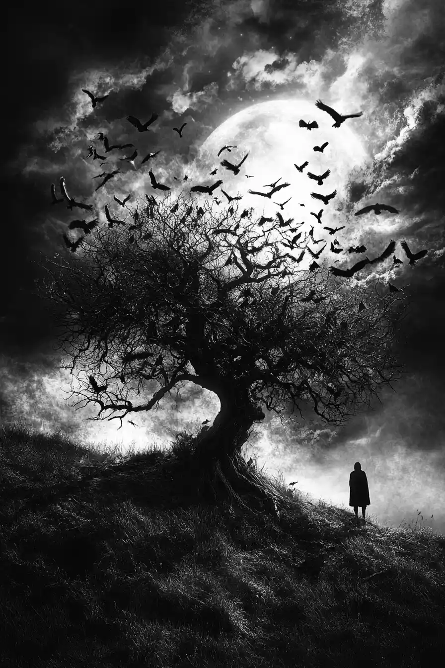 Haunted tree with crows under a dark moonlit sky