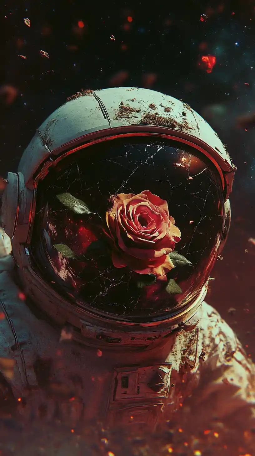 Rose Growing From Broken Astronaut Helmet In Outer Space