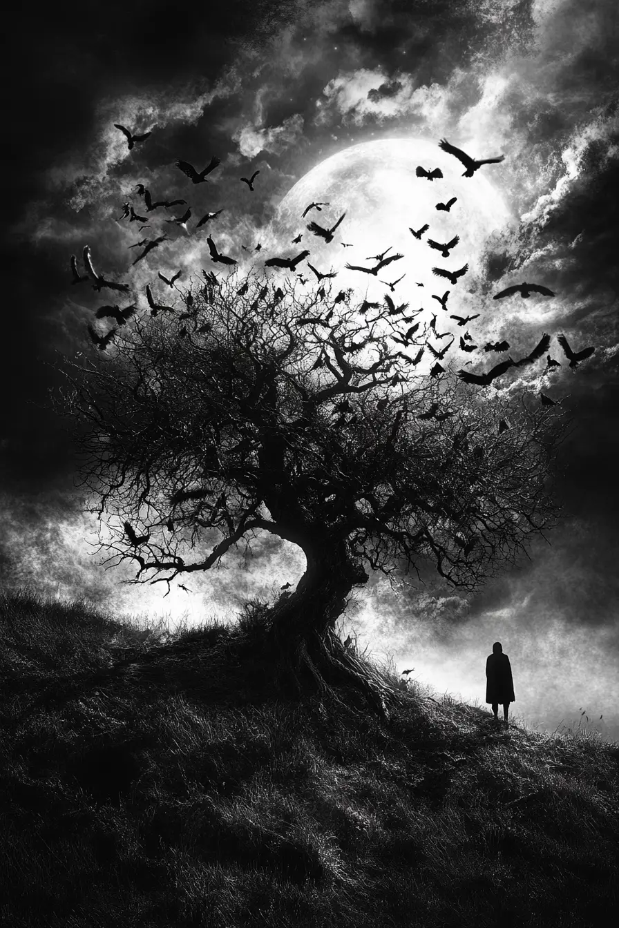 Haunted tree with crows under a dark moonlit sky