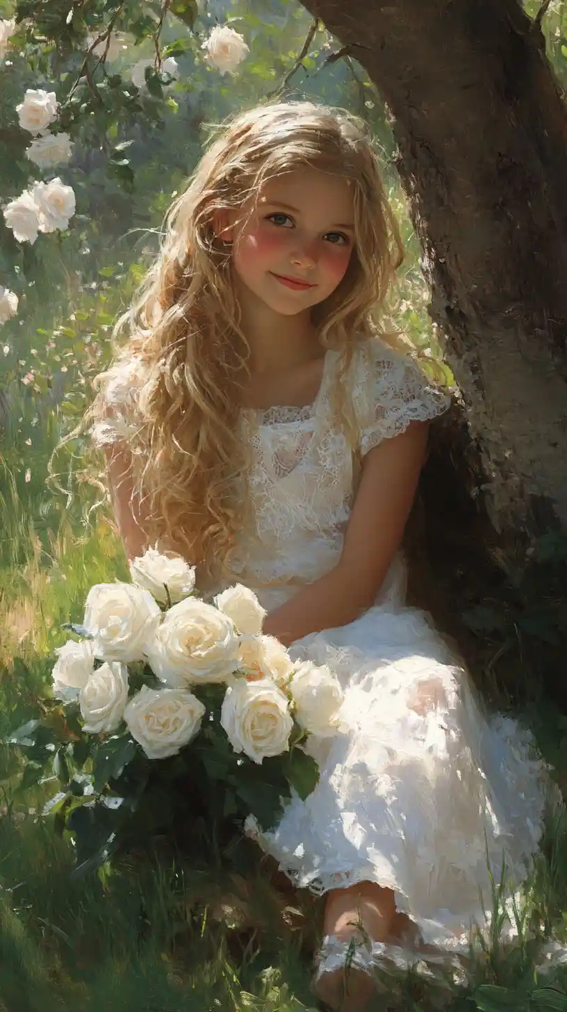 Smiling girl in white dress in sunlit garden