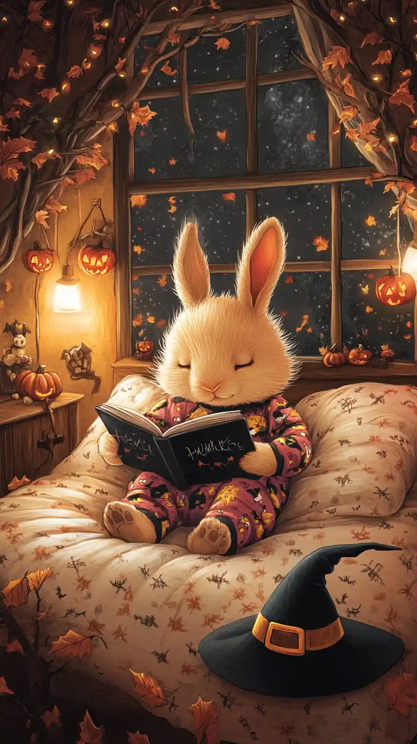 Sleepy rabbit in a cozy halloween bedtime illustration
