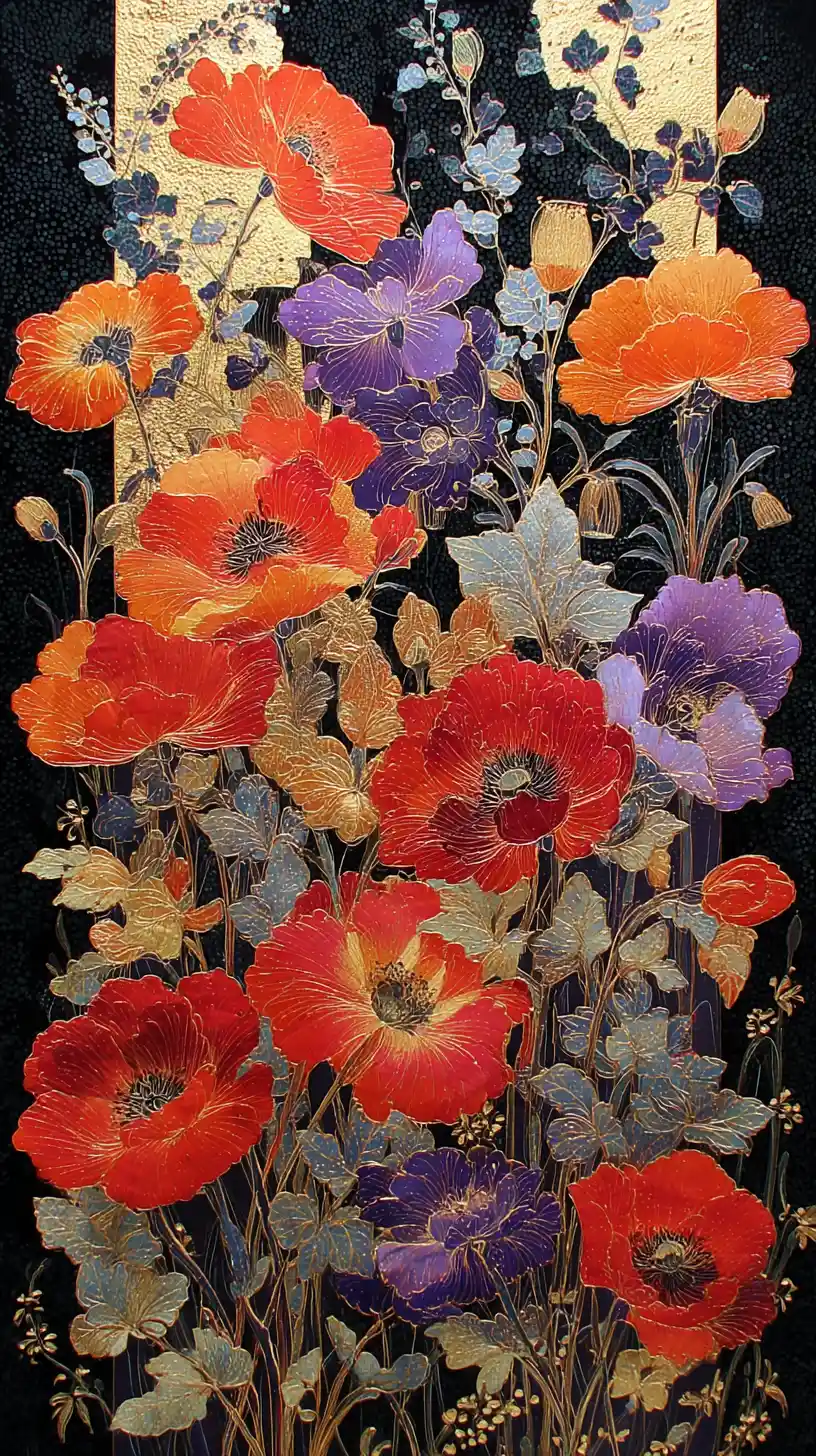 Dipinto giapponese di fiori su sfondo nero e dorato