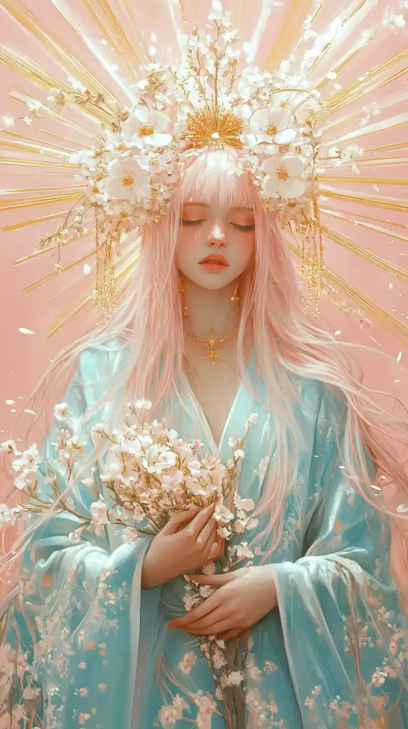 Serene pink haired woman with floral golden headdress