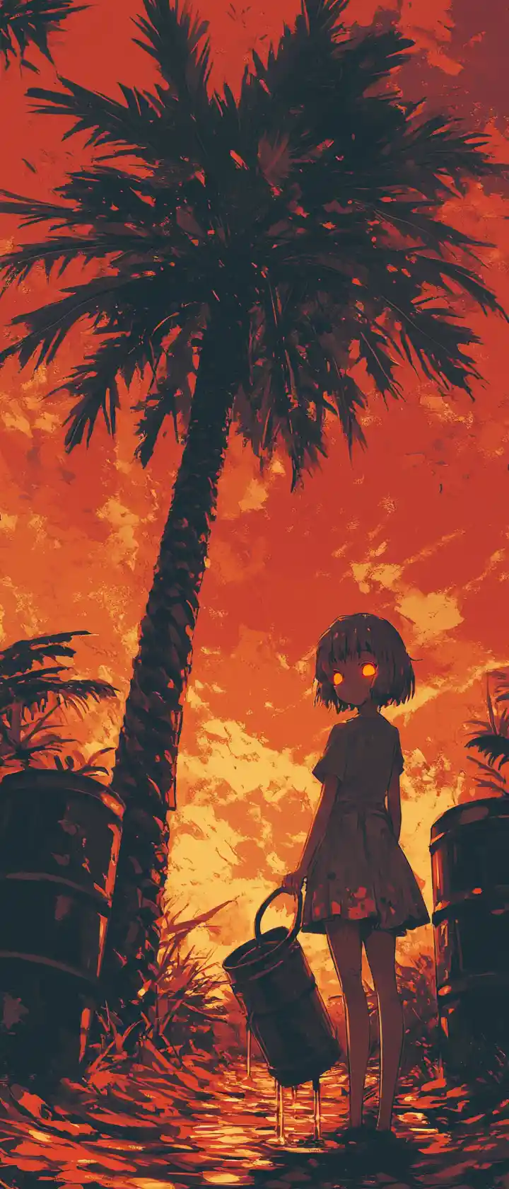 Anime girl watering a glowing tree in desert oasis