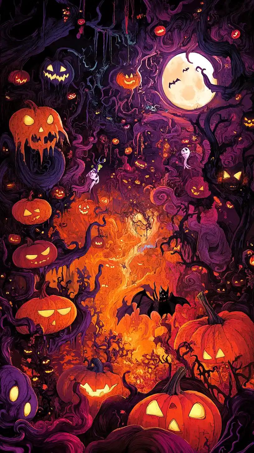 Whimsical Halloween creatures in a vibrant fantasy landscape