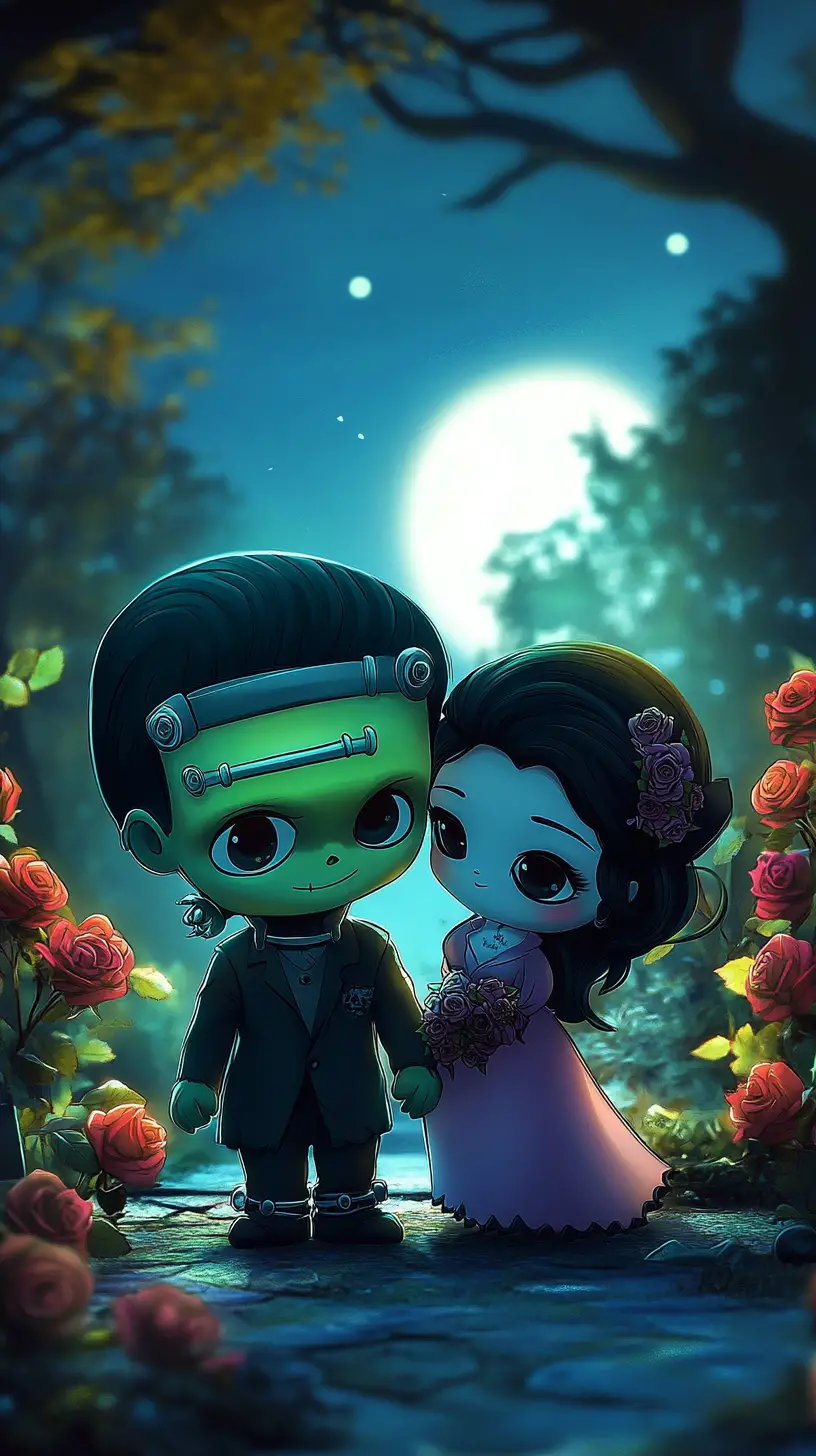 Cute chibi monster couple in a spooky moonlit garden