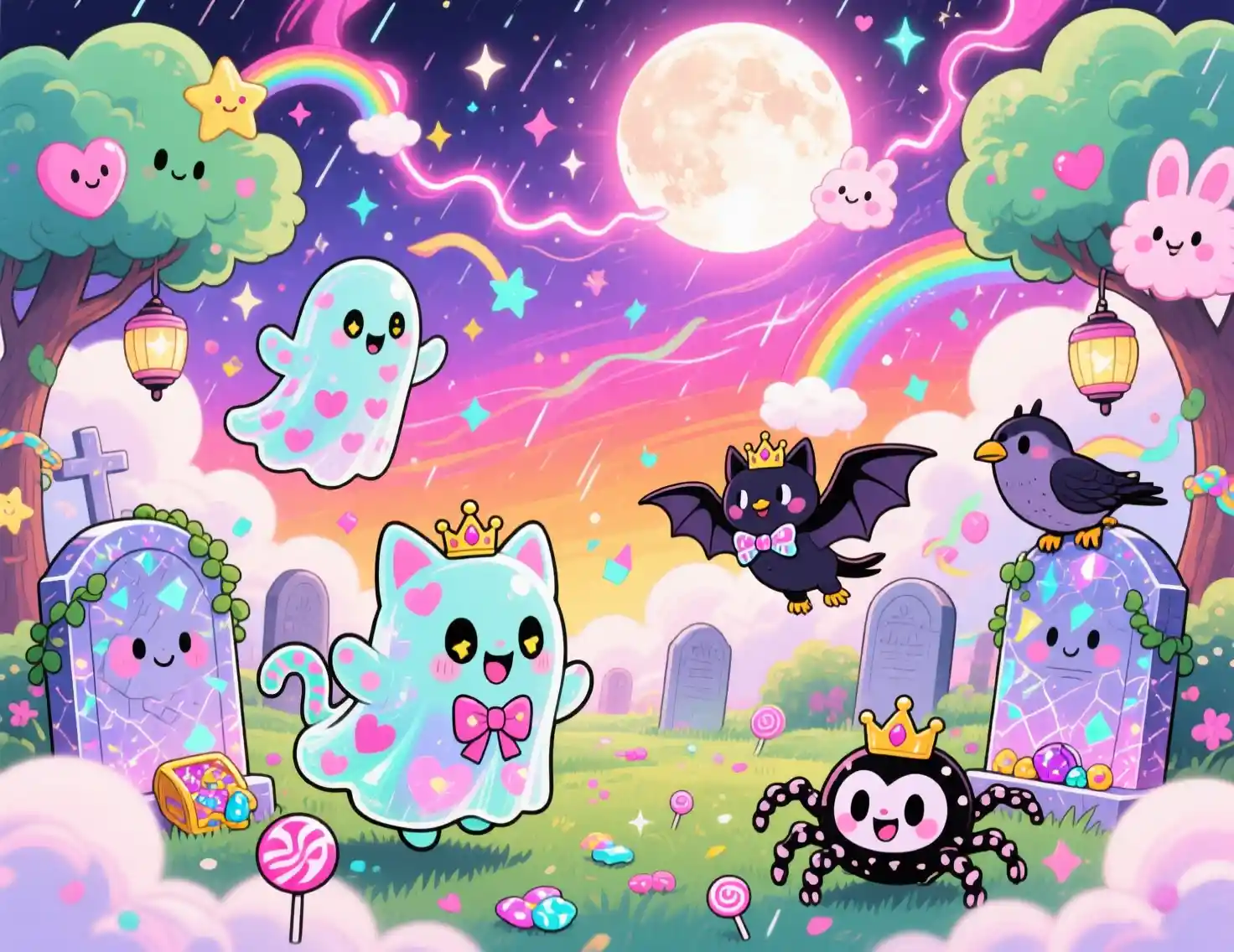 Kawaii Anime Cemetery Under A Pastel Magical Moonrise