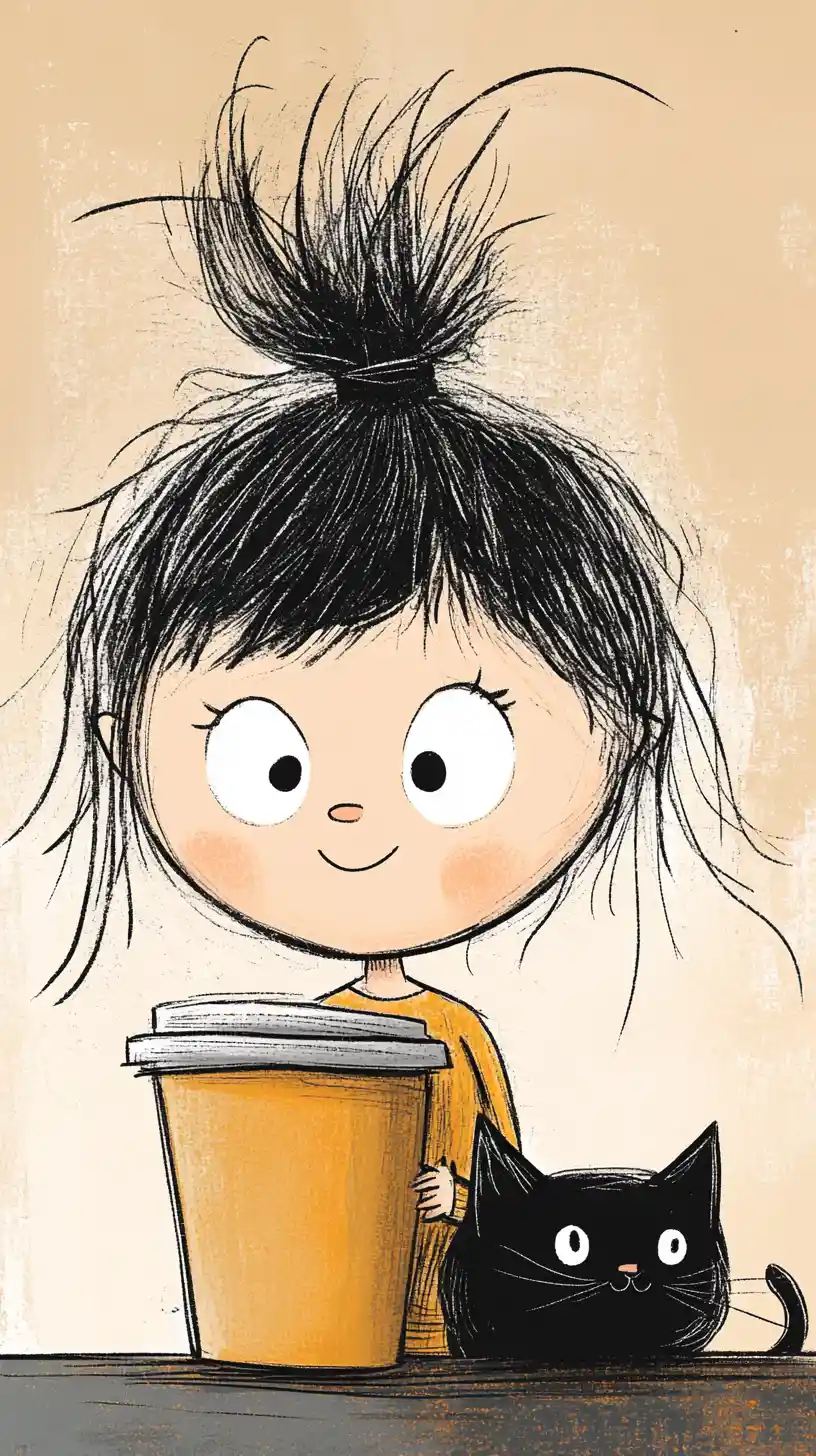 Cheerful cartoon girl with coffee cup close up illustration