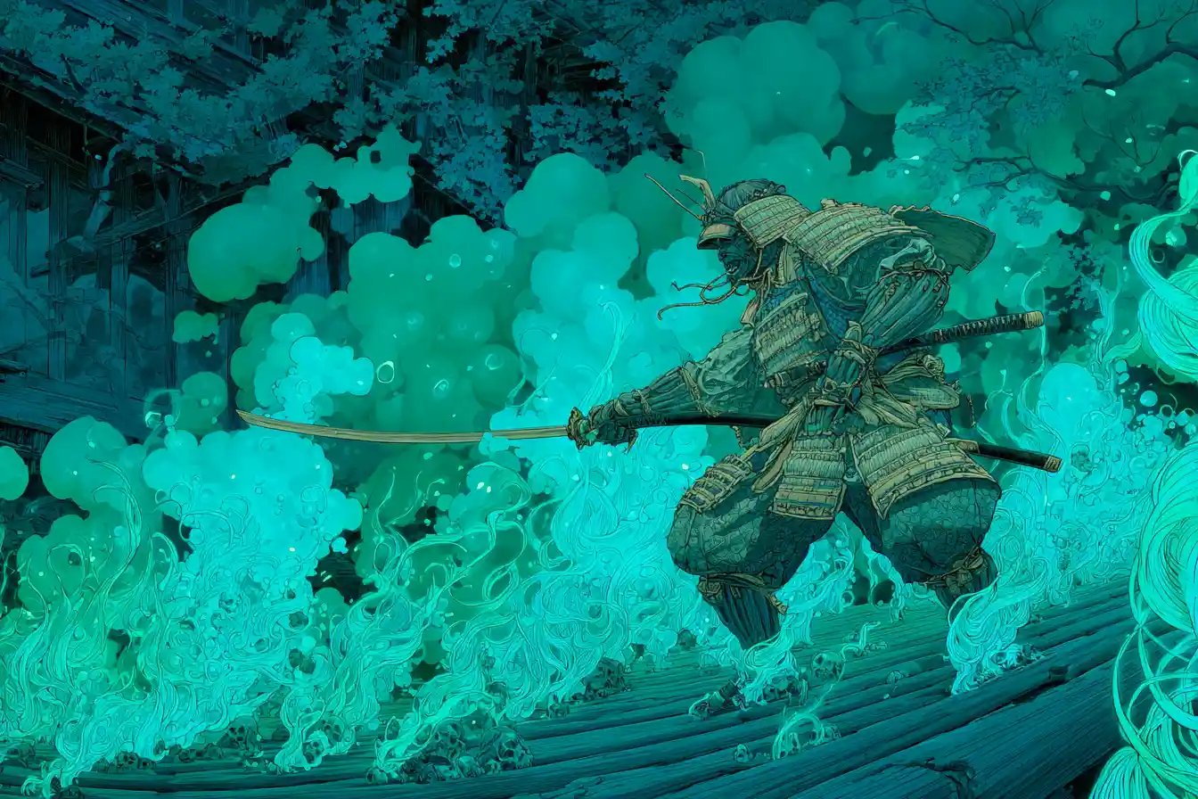 Samurai dueling a shadowy oni on a haunted bridge