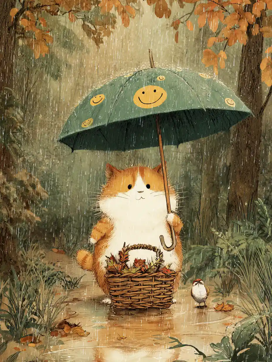 Cute cartoon kitten under umbrella in rainy autumn forest