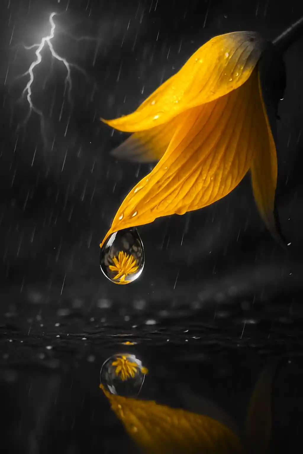 Close up flower petal with glowing raindrop reflection