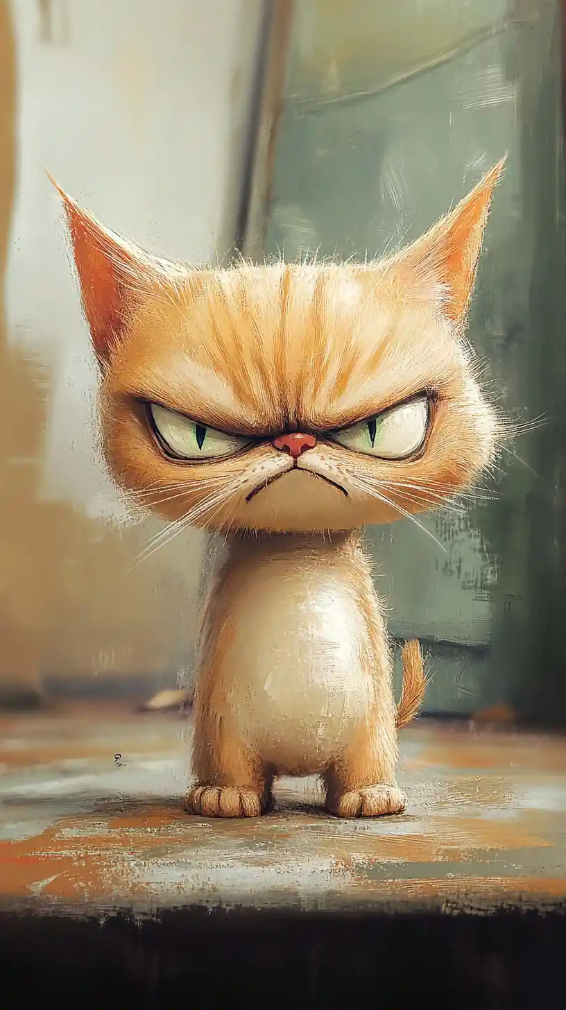 Cranky cartoon cat with exaggerated emotional expression