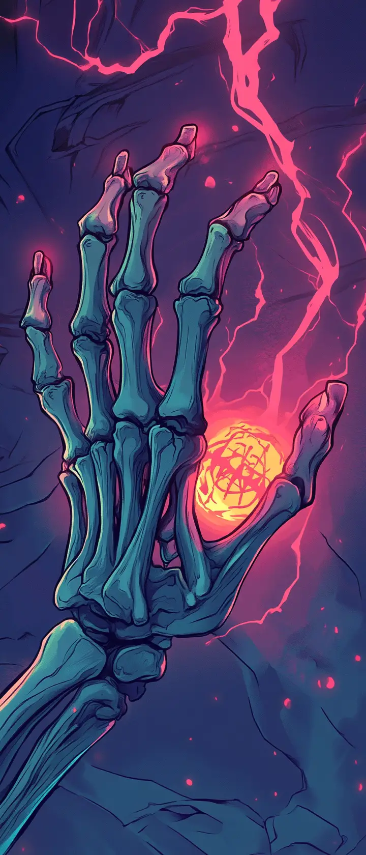 Skeletal hand with glowing amulet in neon underworld