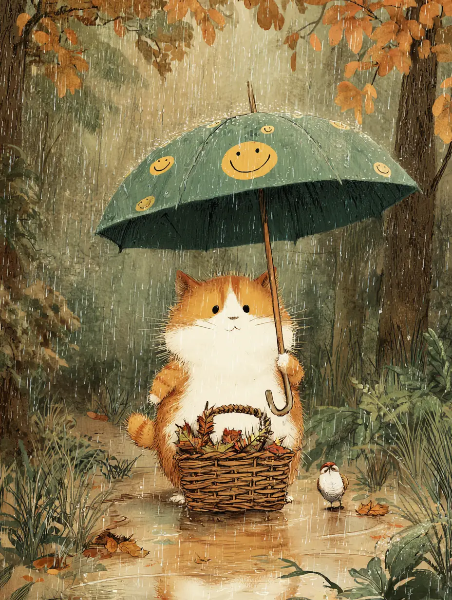 Cute cartoon kitten under umbrella in rainy autumn forest