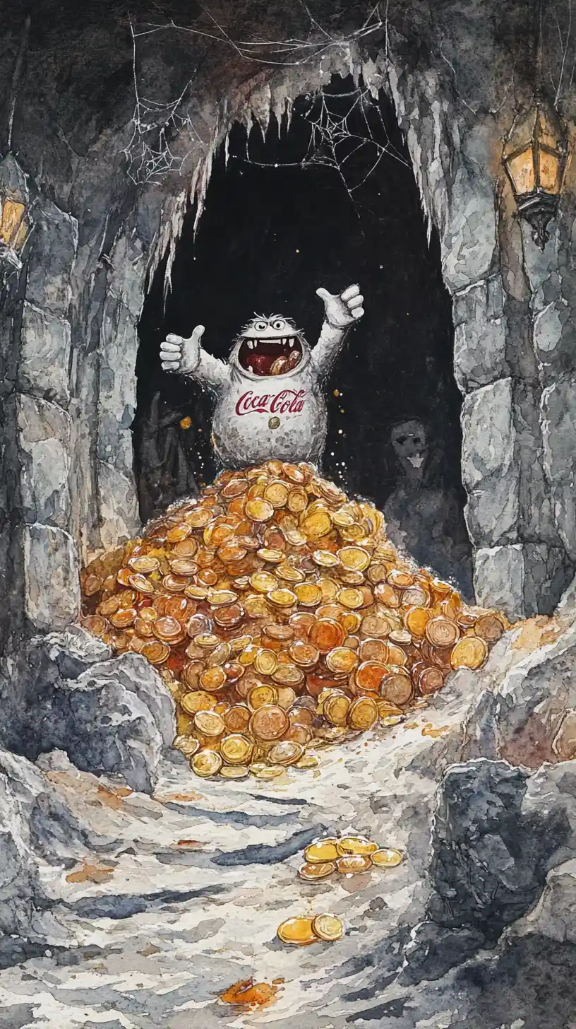 Watercolor monster giving thumbs up in treasure cave